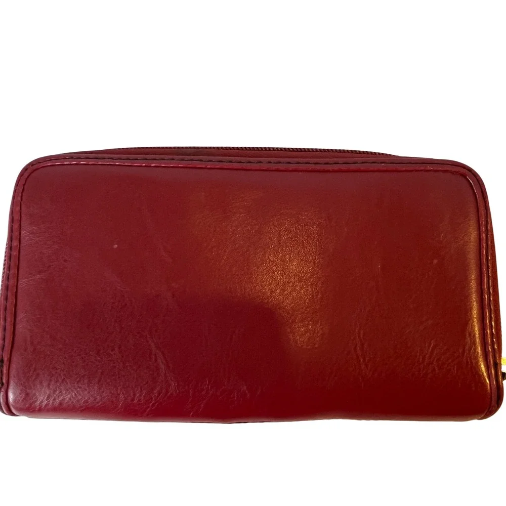 Etienne Aigner Red Leather Zip Around Organizer Wallet Clutch Gold Hardware